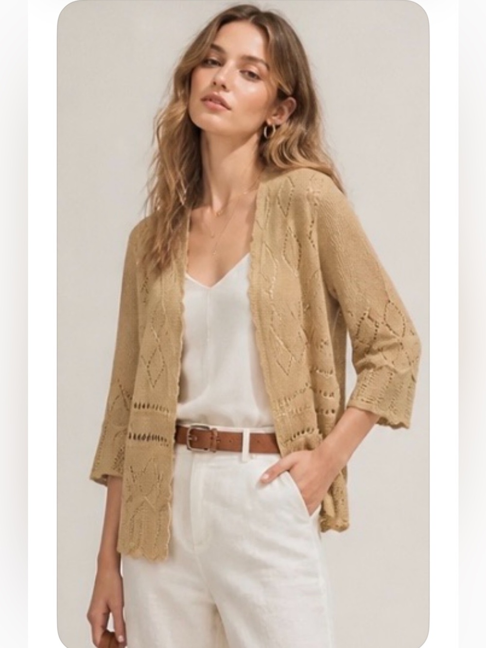 FLYING TOMATO Cardigan Sweater Crocheted Scalloped Cut Out Boho Brown Beige